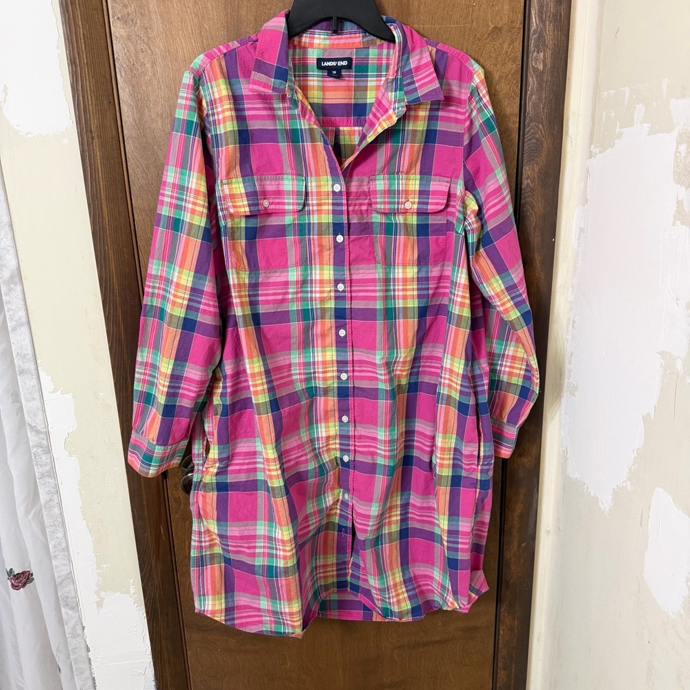 Lands' End Pink Multi Plaid Midi Dress
